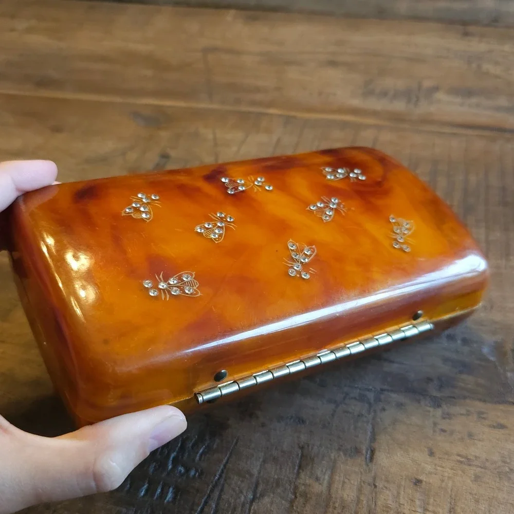Vintage Ilene New York Faux Tortoise Shell Bee Rhinestone Lucite Clutch Bag 1950